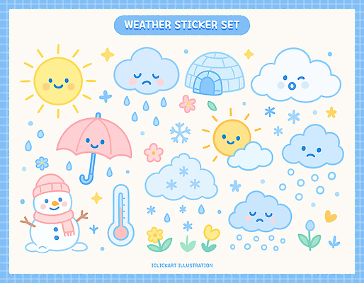 꽃 일러스트 우산 눈사람 눈꽃 사람없음 파란색 태양 비 온도계 오브젝트 이글루 비구름 국내일러스트 AI파일 자연요소 식물 컬러 날씨 눈_날씨 먹구름 파일형식 벡터 구름_자연