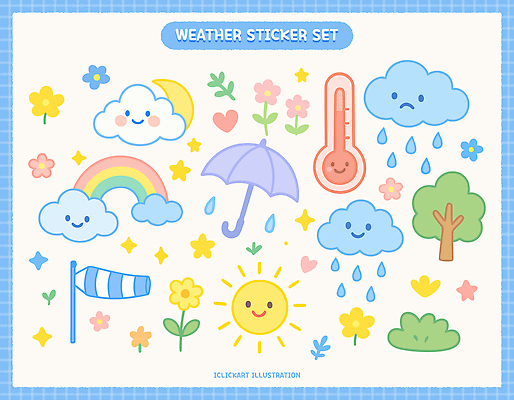 나무 꽃 무지개 일러스트 우산 사람없음 파란색 태양 비 온도계 초승달 오브젝트 비구름 풍향계 국내일러스트 AI파일 자연요소 식물 컬러 날씨 기계 달 먹구름 파일형식 벡터 구름_자연