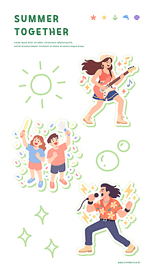 전신 여자 남자 연주 일러스트 노래 들기 여러명 친구 여름휴가 공연 일렉기타 즐거움 음악축제 여름축제 응원봉 국내일러스트 AI파일 감정 음악 다수 관계 응원 모션 휴가 사람 이벤트 축제 기타 파일형식 벡터 여름_계절