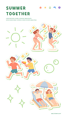 전신 여자 남자 수영복 어린이 일러스트 휴식 여러명 여름휴가 눕기 달리기 파라솔 비치볼 발사 즐거움 선베드 공놀이 물총 국내일러스트 AI파일 옷 감정 다수 컨셉 의자 공 모션 놀이 휴가 바캉스용품 사람 파일형식 벡터 여름_계절