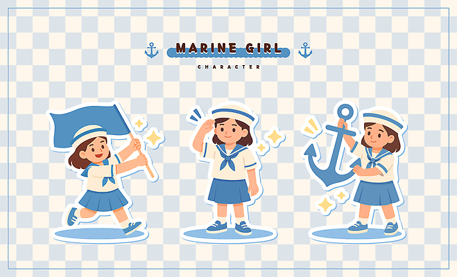 전신 여자 어린이 일러스트 들기 세명 깃발 격자 선원 경례 닻 마린룩 선장 일러캐릭터 AI파일 캐릭터 옷 무늬 모션 사람 인사 파일형식 벡터