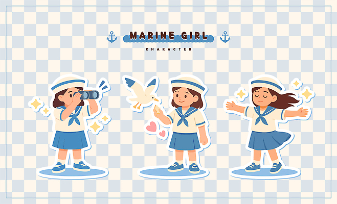 전신 여자 어린이 일러스트 갈매기 팔벌리기 들기 세명 눈감음 망원경 관찰 먹여주기 즐거움 격자 마린룩 일러캐릭터 AI파일 캐릭터 옷 감정 무늬 모션 조류 사람 먹기 파일형식 벡터