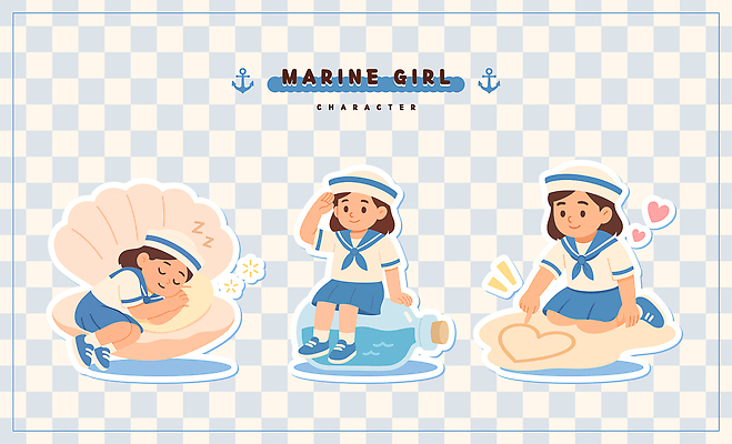 전신 여자 어린이 모래 일러스트 조개 유리병 사랑 앉기 세명 눕기 하트 잠 무릎꿇기 격자 경례 마린룩 일러캐릭터 AI파일 모양 캐릭터 옷 감정 무늬 모션 병_용기 어패류 사람 인사 파일형식 벡터