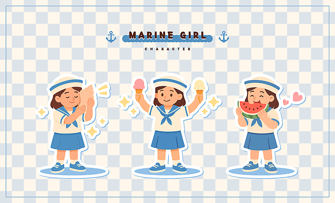 전신 여자 어린이 일러스트 들기 세명 소라 먹기 격자 콘아이스크림 마린룩 수박조각 일러캐릭터 AI파일 캐릭터 옷 조각 무늬 모션 어패류 아이스크림 수박 사람 파일형식 벡터