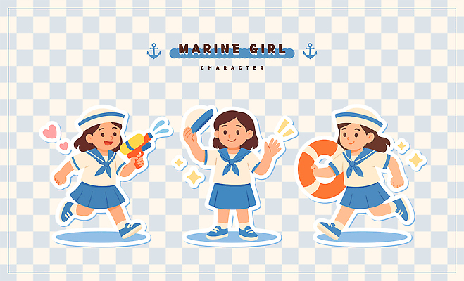 전신 여자 어린이 일러스트 들기 세명 달리기 즐거움 격자 튜브 마린룩 물총 일러캐릭터 AI파일 캐릭터 옷 감정 무늬 모션 사람 파일형식 벡터