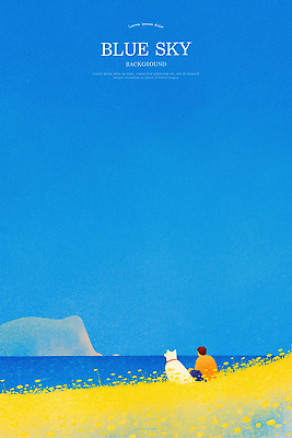 PSD 남자 여유 바다 섬 꽃밭 일러스트 하늘 휴식 수채화 한명 앉기 파란색 평화 강아지 국내일러스트 1 꽃 감정 컬러 컨셉 모션 사람 반려동물 개 파일형식