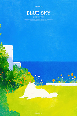 PSD 꽃 바다 일러스트 하늘 수채화 사람없음 파란색 고양이 국내일러스트 식물 컬러 포유류 반려동물 파일형식