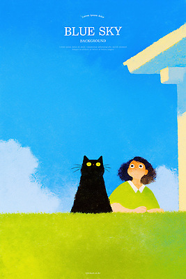 PSD 여자 일러스트 하늘 수채화 한명 상반신 일상 파란색 평화 고양이 발코니 국내일러스트 1 컬러 컨셉 포유류 사람 라이프 반려동물 파일형식