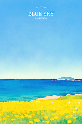 PSD 섬 꽃밭 일러스트 자연 하늘 수채화 풍경 사람없음 파란색 평화 국내일러스트 꽃 컬러 컨셉 생태계 파일형식
