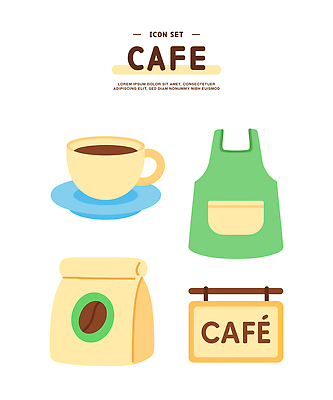 아이콘 간판 사람없음 컵 세트 앞치마 카페 커피잔 컵받침 엘리먼트 원두봉투 2D아이콘 AI파일 식기 커피 봉투 잔 상점 받침대 파일형식 벡터