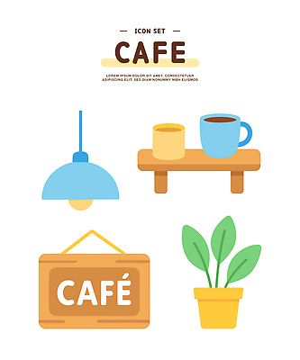 식물 아이콘 화분 전등 선반 간판 사람없음 컵 세트 카페 커피잔 엘리먼트 2D아이콘 AI파일 식기 커피 가구 조명 잔 상점 파일형식 벡터