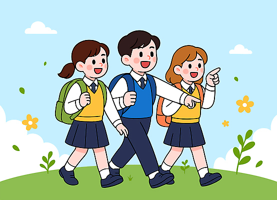 전신 학생 여자 남자 꽃 행복 교복 일러스트 학교 하늘 책가방 웃음 일상 세명 친구 걷기 즐거움 국내일러스트 AI파일 식물 옷 교육 감정 가방 관계 모션 표정 사람 라이프 파일형식 벡터