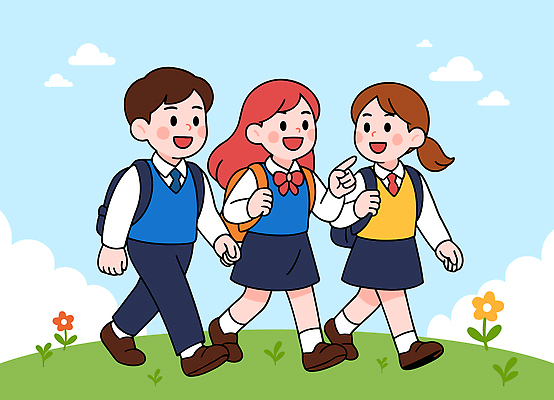 전신 구름 학생 여자 남자 교복 일러스트 자연 하늘 책가방 대화 웃음 일상 세명 친구 걷기 기쁨 즐거움 국내일러스트 AI파일 자연요소 옷 감정 가방 관계 모션 표정 말하기 사람 라이프 생태계 파일형식 벡터