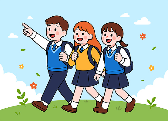 전신 여자 남자 꽃 일러스트 책가방 웃음 세명 친구 햇빛 걷기 기쁨 즐거움 나란히 국내일러스트 AI파일 식물 감정 가방 관계 모션 표정 사람 태양 파일형식 벡터