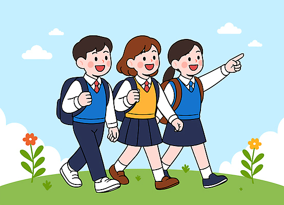 전신 학생 여자 남자 행복 교복 일러스트 책가방 대화 웃음 세명 친구 평화 걷기 즐거움 국내일러스트 AI파일 옷 감정 컨셉 가방 관계 모션 표정 말하기 사람 파일형식 벡터
