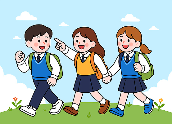 전신 학생 여자 남자 일러스트 하늘 책가방 대화 웃음 일상 세명 친구 걷기 즐거움 국내일러스트 AI파일 감정 가방 관계 모션 표정 말하기 사람 라이프 파일형식 벡터