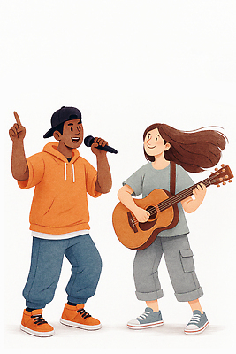 JPG 전신 여자 남자 연주 일러스트 노래 협력 두명 친구 공연 무대 기타 마이크 즐거움 리듬 아티스트 국내일러스트 AI일러스트 AI콘텐츠 직업 감정 음악 음향기기 관계 현악기 사람 이벤트 파일형식