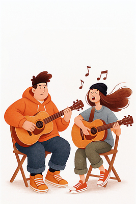 JPG 전신 여자 남자 연주 의자 일러스트 노래 협력 앉기 두명 친구 기타 집중 즐거움 국내일러스트 AI일러스트 AI콘텐츠 감정 음악 가구 컨셉 관계 모션 현악기 사람 파일형식