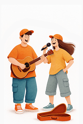 JPG 전신 여자 남자 행복 연주 일러스트 노래 웃음 두명 친구 공연 기타 마이크 즐거움 기타케이스 국내일러스트 AI일러스트 AI콘텐츠 감정 음악 음향기기 가방 관계 현악기 표정 사람 이벤트 파일형식