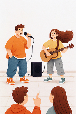 JPG 전신 여자 남자 연주 일러스트 여러명 청춘 공연 기타 군중 마이크 즐거움 아티스트 국내일러스트 AI일러스트 AI콘텐츠 직업 감정 음악 음향기기 다수 컨셉 현악기 사람 이벤트 파일형식