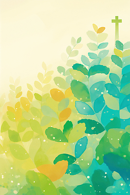 JPG 기독교 십자가 일러스트 자연 사람없음 초록색 평화 천주교 풀잎 국내일러스트 AI일러스트 AI콘텐츠 종교 컬러 컨셉 잎 풀_식물 생태계 파일형식