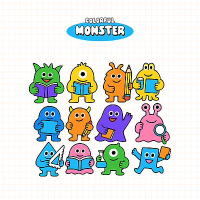 교육 여러마리 일러스트 돋보기 자 들기 사람없음 책 학습 세트 컬러풀 연필 귀여움 즐거움 지우개 삼각플라스크 몬스터 국내일러스트 일러캐릭터 AI파일 캐릭터 감정 컬러 다수 컨셉 모션 문구용품 학용품 필기구 플라스크 파일형식 벡터