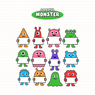 교육 여러마리 일러스트 들기 사람없음 친구 세트 컬러풀 귀여움 팻말 즐거움 몬스터 국내일러스트 일러캐릭터 AI파일 캐릭터 감정 컬러 다수 컨셉 관계 모션 프레임 파일형식 벡터