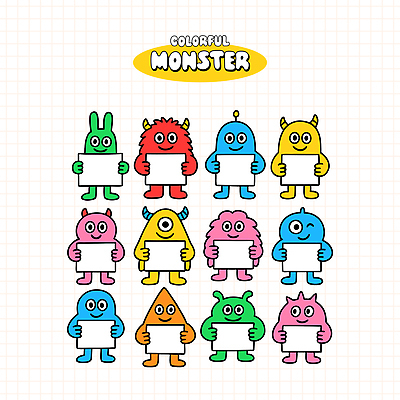 교육 여러마리 일러스트 웃음 들기 사람없음 세트 컬러풀 귀여움 팻말 다양 몬스터 국내일러스트 일러캐릭터 AI파일 캐릭터 컬러 다수 컨셉 모션 프레임 표정 파일형식 벡터