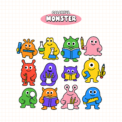 교육 여러마리 일러스트 돋보기 자 들기 사람없음 책 학습 세트 컬러풀 연필 귀여움 즐거움 연필꽂이 삼각플라스크 몬스터 국내일러스트 일러캐릭터 AI파일 캐릭터 감정 컬러 다수 컨셉 모션 문구용품 학용품 필기구 플라스크 파일형식 벡터