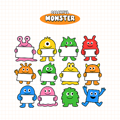 교육 여러마리 일러스트 들기 사람없음 세트 컬러풀 귀여움 팻말 즐거움 몬스터 국내일러스트 일러캐릭터 AI파일 캐릭터 감정 컬러 다수 컨셉 모션 프레임 파일형식 벡터