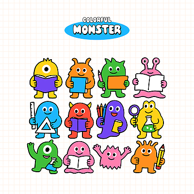 교육 여러마리 일러스트 돋보기 자 들기 사람없음 책 친구 학습 세트 컬러풀 연필 귀여움 활발 즐거움 삼각플라스크 몬스터 국내일러스트 일러캐릭터 AI파일 캐릭터 감정 컬러 다수 컨셉 관계 모션 문구용품 학용품 필기구 플라스크 파일형식 벡터