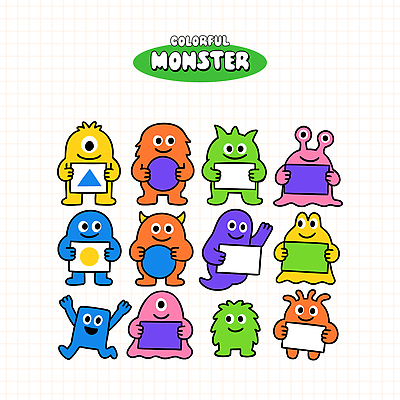 도형 기호 교육 여러마리 일러스트 웃음 들기 사람없음 친구 학습 세트 컬러풀 귀여움 팻말 즐거움 몬스터 국내일러스트 일러캐릭터 AI파일 문자 캐릭터 감정 컬러 다수 컨셉 관계 모션 프레임 표정 파일형식 벡터