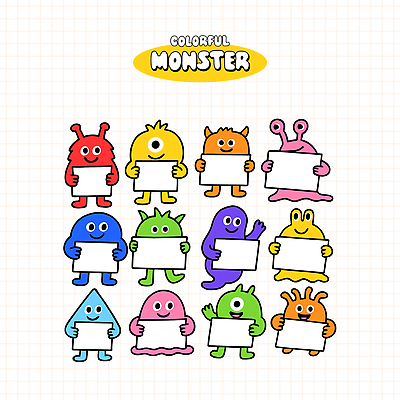 교육 여러마리 일러스트 들기 사람없음 친구 세트 컬러풀 귀여움 팻말 다양 즐거움 몬스터 국내일러스트 일러캐릭터 AI파일 캐릭터 감정 컬러 다수 컨셉 관계 모션 프레임 파일형식 벡터