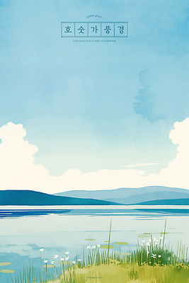 PSD 구름 호수 하늘색 일러스트 하늘 수채화 풍경 잔디 사람없음 평화 맑음 자유 수면 차분 국내일러스트 자연요소 식물 컨셉 날씨 물 파란색 파일형식