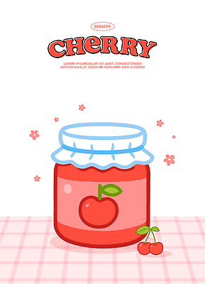 꽃 음식 분홍색 일러스트 탁자 사람없음 체리 체크무늬 과일잼 국내일러스트 AI파일 식물 컬러 가구 무늬 과일 잼 파일형식 벡터