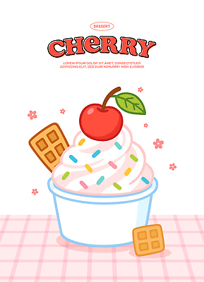 꽃 분홍색 일러스트 탁자 아이스크림 사람없음 컵 쿠키 과자 체리 달콤 맛 체크무늬 스프링클 국내일러스트 AI파일 식물 식기 컬러 가구 컨셉 무늬 과일 디저트 장식 파일형식 벡터