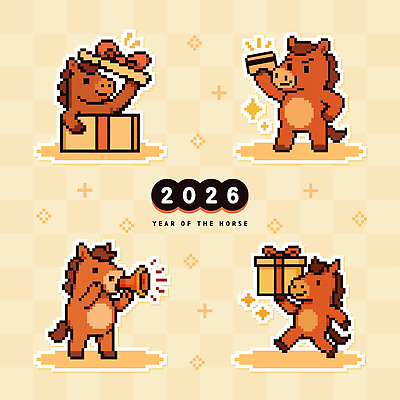 허리손 일러스트 들기 사람없음 선물상자 반짝임 걷기 귀여움 확성기 외침 오픈 신용카드 베이지색 픽셀 일러캐릭터 병오년 붉은말 붉은말캐릭터 AI파일 캐릭터 컬러 포즈 컨셉 모션 선물 금융 상자 소리 말_동물 말캐릭터 파일형식 벡터 2026년