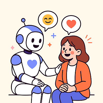여자 말풍선 일러스트 한명 미소 앉기 반짝임 하트 상담원 로봇 상담 손모으기 어깨에손 AI_인공지능 국내일러스트 AI파일 모양 1 모션 표정 사람 손짓 사무원 파일형식 벡터