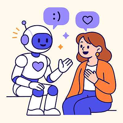 캐릭터 디자인 여자 감정 상징 말풍선 일러스트 미래 기술 대화 한명 미소 웃음 앉기 반짝임 손들기 우정 하트 마음 표현 상담원 로봇 상담 소통 교감 긍정적 AI_인공지능 국내일러스트 일러캐릭터 AI파일 모양 1 컨셉 모션 표정 말하기 사람 친구 사무원 파일형식 벡터