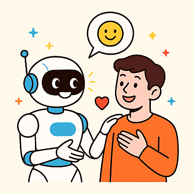 디자인 남자 행복 감정 말풍선 일러스트 관계 미래 기술 따뜻함 사랑 한명 미소 상반신 친구 반짝임 손들기 기계 만남 하트 표현 상담원 로봇 상담 소통 의사소통 어깨에손 상호작용 AI_인공지능 국내일러스트 AI파일 모양 1 컨셉 모션 표정 사람 사무원 파일형식 벡터