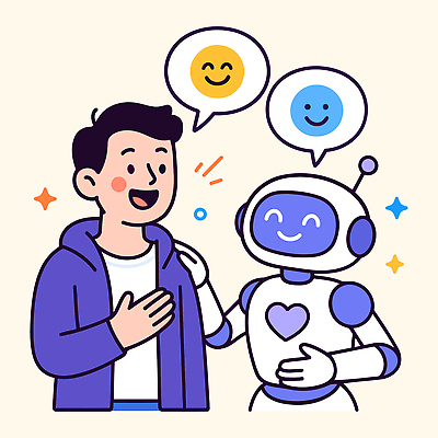 디자인 남자 행복 감정 말풍선 일러스트 관계 미래 기술 창조 대화 한명 미소 상반신 반짝임 손들기 기계 상담원 로봇 동료 상담 소통 동반자 상상력 어깨에손 상호작용 AI_인공지능 국내일러스트 AI파일 1 컨셉 모션 표정 말하기 사람 사무원 파일형식 벡터
