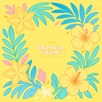 일러스트 불가사리 프레임 사람없음 노란색 열대잎 히비스커스 카피스페이스 트로피컬아트 국내일러스트 AI파일 꽃 컬러 잎 극피동물 공백 그림 파일형식 벡터