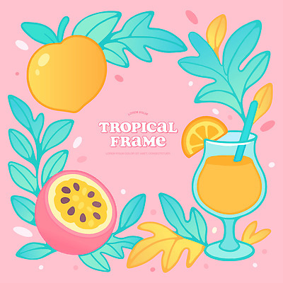 분홍색 일러스트 프레임 빨대 사람없음 칵테일 열대과일 칵테일잔 열대잎 오렌지조각 카피스페이스 트로피컬아트 국내일러스트 AI파일 컬러 잎 술잔 오렌지 과일 주류 공백 그림 파일형식 벡터