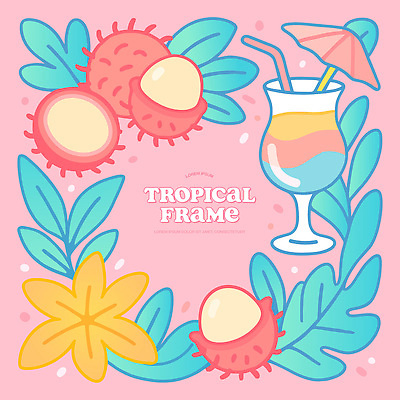 분홍색 일러스트 단면 프레임 빨대 사람없음 칵테일 칵테일잔 슬라이스 리치 열대꽃 열대잎 종이우산 카피스페이스 트로피컬아트 국내일러스트 AI파일 꽃 컬러 잎 술잔 우산 주류 공백 열대과일 그림 파일형식 벡터