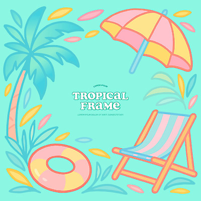 일러스트 프레임 사람없음 야자수 파라솔 선베드 튜브 민트색 열대잎 카피스페이스 트로피컬아트 국내일러스트 AI파일 나무 컬러 잎 의자 공백 그림 파일형식 벡터