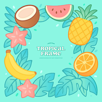 오렌지 일러스트 단면 불가사리 프레임 바나나 사람없음 파인애플 슬라이스 코코넛 민트색 수박조각 열대잎 카피스페이스 트로피컬아트 국내일러스트 AI파일 컬러 조각 잎 과일 극피동물 수박 공백 열대과일 그림 파일형식 벡터