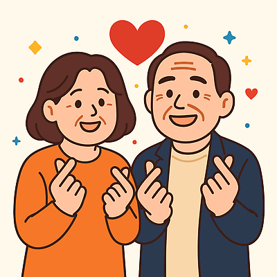 여자 남자 행복 중년 일러스트 사랑 웃음 두명 기쁨 하트 중년부부 손하트 국내일러스트 AI파일 모양 부부 감정 표정 사람 손짓 성인 파일형식 벡터