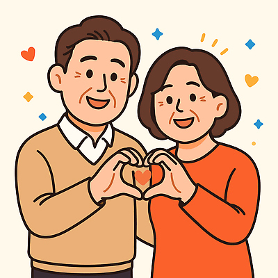 여자 남자 행복 중년 일러스트 사랑 웃음 두명 기쁨 하트 중년부부 손하트 국내일러스트 AI파일 모양 부부 감정 표정 사람 손짓 성인 파일형식 벡터