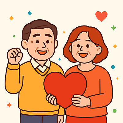 여자 남자 행복 중년 일러스트 사랑 웃음 두명 기쁨 하트 중년부부 국내일러스트 AI파일 모양 부부 감정 표정 사람 성인 파일형식 벡터