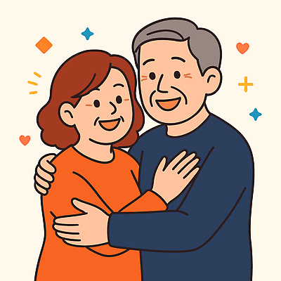 여자 노년 남자 행복 일러스트 포옹 따뜻함 사랑 웃음 두명 노부부 기쁨 국내일러스트 AI파일 부부 감정 안기 표정 사람 성인 파일형식 벡터